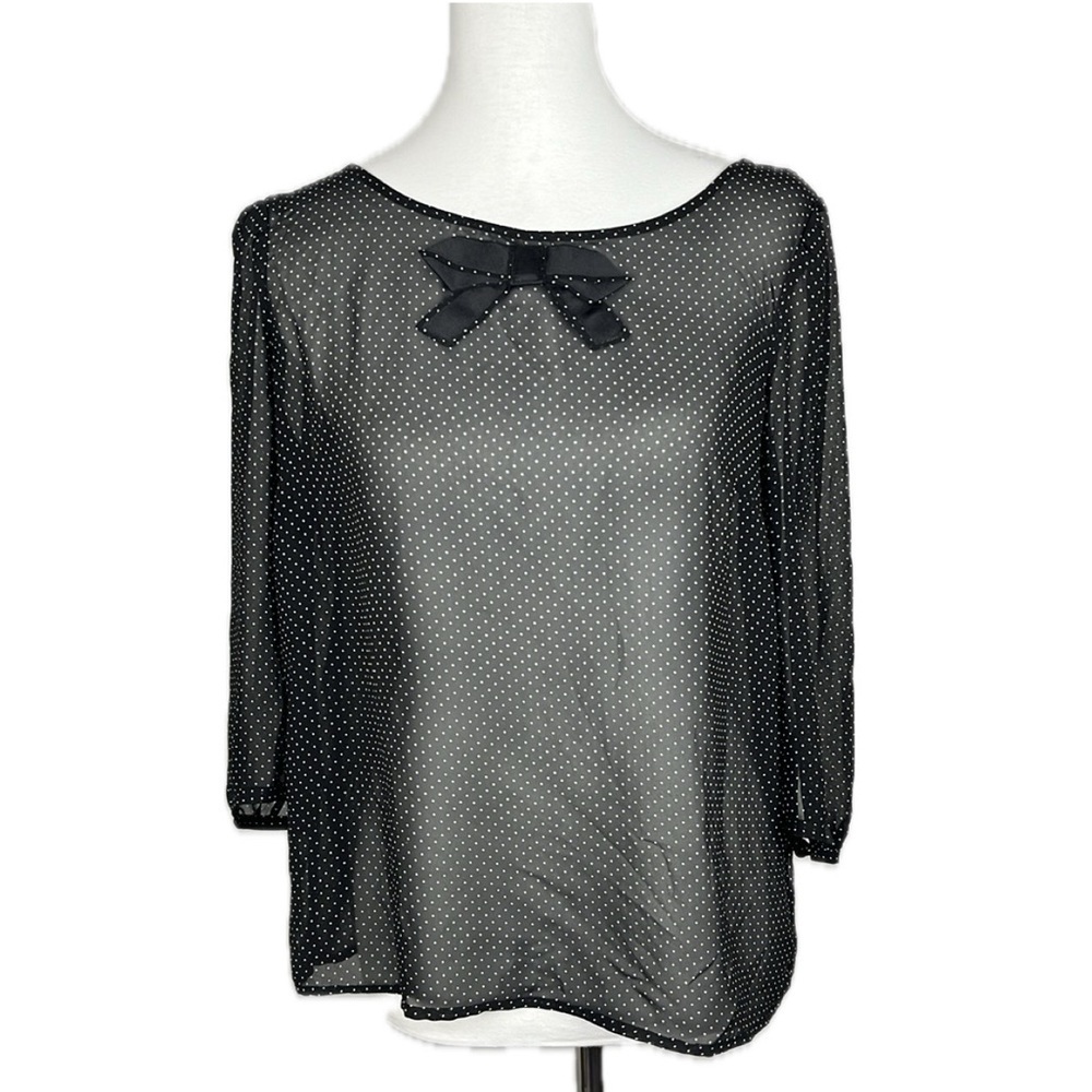 Sheer Black Polka Dot Mod Retro Twee Bow Top Sz M 3/4 Sleeve French Girl Whimsy